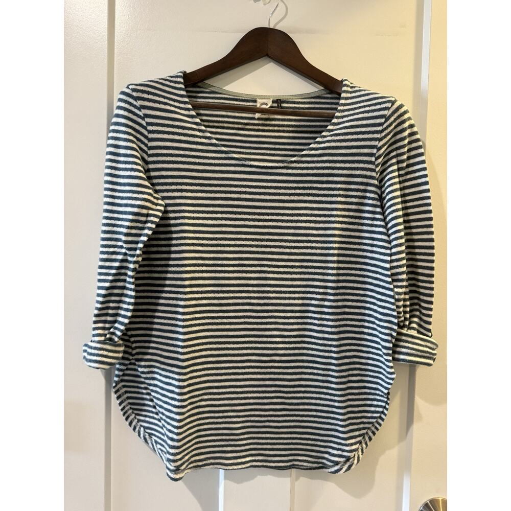 Anthropologie Akemi Kin Pointelle Striped Tunic Top XS Teal & Ivory